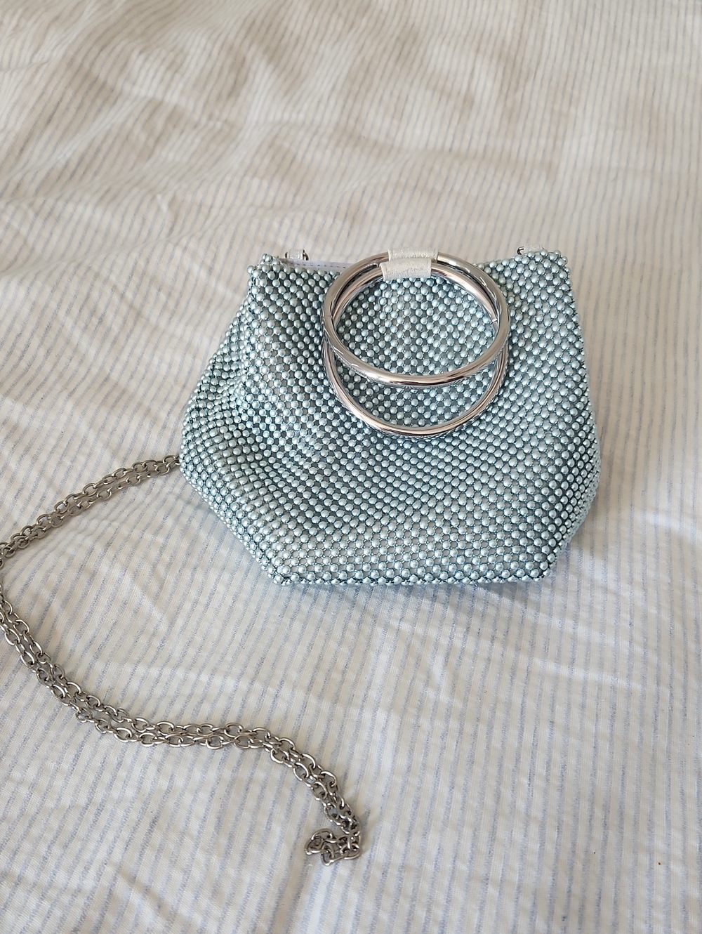 Beaded Light Blue Evening Crossbody Bag with Silver Ring Handle